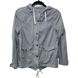 So Pinstriped Long Sleeve Snap Button Field Hooded Jacket Blue/White Women's M